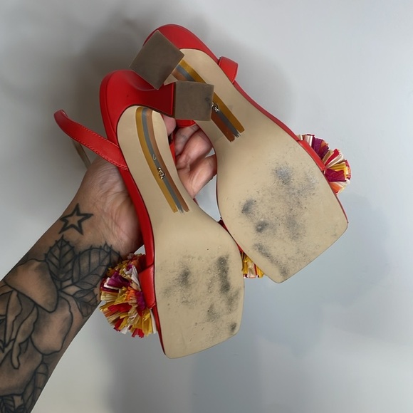 Sam Edelman | Clare Ankle Strap Heels Pom Pom Details in Bright Poppy Size 7 - Picture 5 of 6